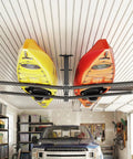 Beefy Ceiling Kayak Rack For Two Kayaks Up To 250 Lbs Heavy Duty Adjustable Overhead Garage Hanger with yellow and orange kayaks
