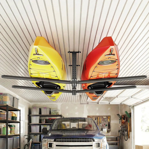 Beefy Ceiling Kayak Rack For Two Kayaks Up To 250 Lbs Heavy Duty Adjustable Overhead Garage Hanger with yellow and orange kayaks