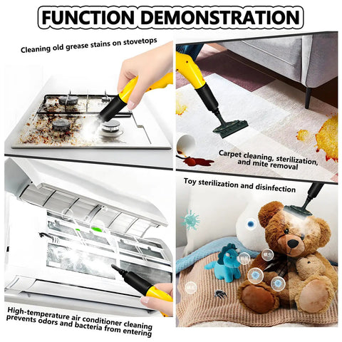 Function demonstration of 3000W Handheld Steam Cleaner for cleaning stovetops, carpets, toys, and air conditioners.