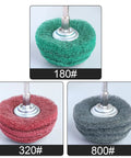 Six Piece Non Woven Abrasive Buffing And Polishing Wheel Drill Attachment Set with green, red, gray 180#, 320#, and 800# pads