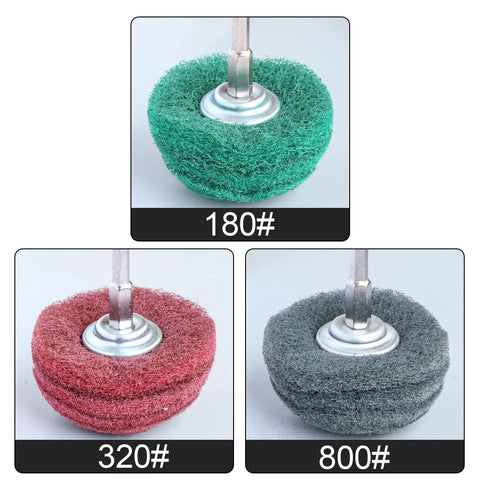 Six Piece Non Woven Abrasive Buffing And Polishing Wheel Drill Attachment Set with green, red, gray 180#, 320#, and 800# pads