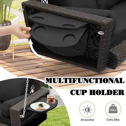 Close-up of multifunctional cup holder on Three Person Outdoor Hanging Porch Swing Chair with Cushions and Adjustable Chain 76 Inch
