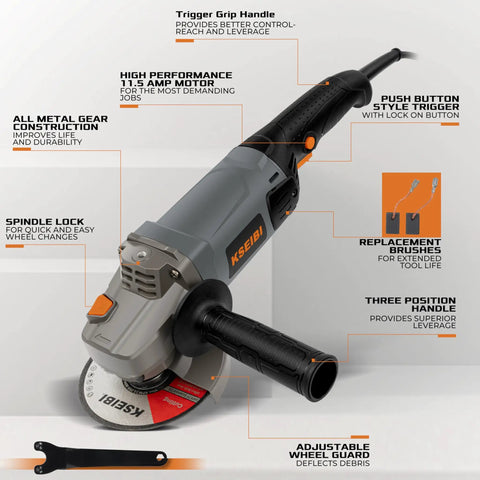 Concrete Angle Grinder 5 Inch With 11.5 Amp 1400W Motor Diamond Cup Wheel, safety guard and handle visible.