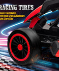 Close-up of red Electric Kids Go Kart For Outdoor Play, 24V Dual 200W Motors with black and red EVA tire on track