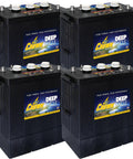Four Pack Of Six Volt Flooded Lead Acid Deep Cycle Batteries Pumping Out Three Zero Five Amp Hours Of Serious Juice For Solar Ev Fleet Trucks Industrial Movers And Backup Power Setups in stacked view.