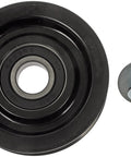 Belt idler pulley, front view, black with mounting bolt and washer