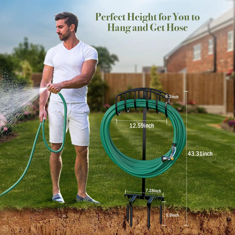 Freestanding garden hose holder for outdoor use, sturdy heavy duty metal water hose hanger and storage stand, black.