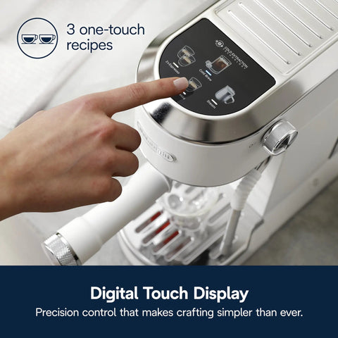 Compact Espresso And Cold Brew Coffee Maker Featuring Built In Milk Frother Wand For Next Level Iced Lattes with digital touch display.