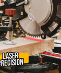 Miter saw laser guide attached to a portable saw; red laser line on a wooden block.