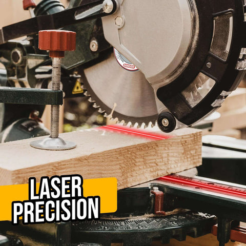 Miter saw laser guide attached to a portable saw; red laser line on a wooden block.