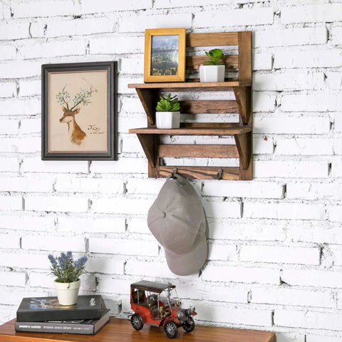 Hella Sturdy Two Tier Wall Mounted Wooden Shelf Rack With Reliable Key And Towel Hooks For Entryway Storage Dark Brown Farmhouse Design Totally Elevates Your Space Quick