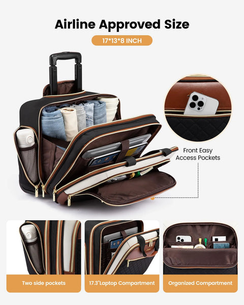 women's TSA rolling laptop bag with compartments for 17.3-inch laptop and travel essentials