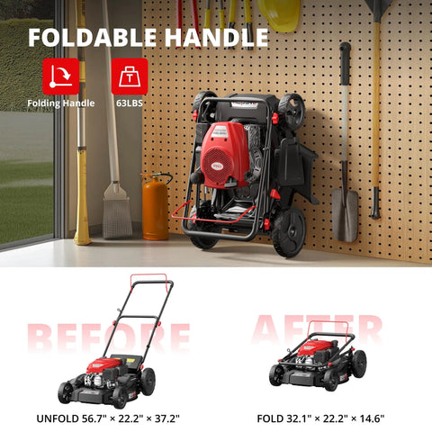 21 Inch Gas Lawn Mower With 140cc Engine 2 In 1 Mulching And Side Discharge 6 Position Height Adjustment Foldable Handles For Easy Yard Care And Garden Maintenance. folded in garage