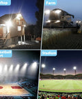 Beast Mode 300W LED Flood Light for Outdoors illuminating a house, farm, basketball court, and stadium at night.