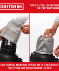 Genuine General Debris Replacement Filter Bags With Retaining Band being installed in wet dry vacuums, 2.5 gallon size.