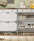 Farmhouse Narrow Shoe Cabinet With Odor Control Deodorizer 2 Flip Drawers 2 Top Drawers Adjustable Shelves And Side Hooks For Entryway Shoe Storage For Busy Entryways