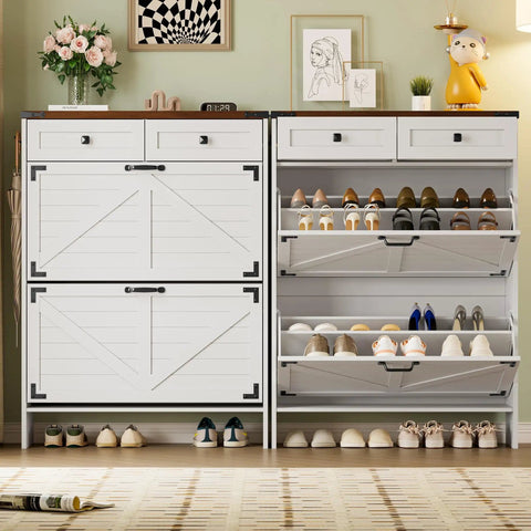 Farmhouse Narrow Shoe Cabinet With Odor Control Deodorizer 2 Flip Drawers 2 Top Drawers Adjustable Shelves And Side Hooks For Entryway Shoe Storage For Busy Entryways