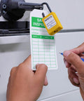 Top Shelf Safety Inspection Tags Paired With Adjustable Wire Ties For Quick Equipment Checks And Job Site Warning Labels, 90 piece set being filled out.