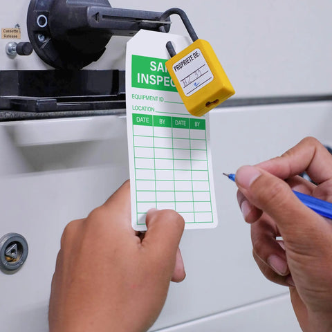 Top Shelf Safety Inspection Tags Paired With Adjustable Wire Ties For Quick Equipment Checks And Job Site Warning Labels, 90 piece set being filled out.
