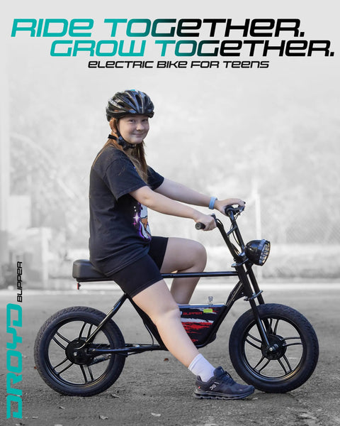 Kids Electric Bike For Ages 13 And Up 250W Mini Ebike With 24V Lithium Battery Top Speed 12.5 MPH Up To 12.5 Mile Range 16 Inch Tires LED Headlight Rear Drum Brake Easy To Ride And Built For Fun, teen riding side view