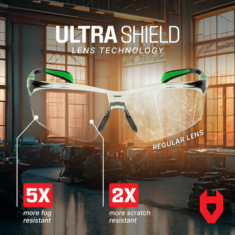 Legit Anti Fog Safety Glasses With Scratch Resistant Coating showing Ultra Shield technology in a workshop setting.