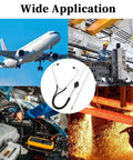 Collage showing Pro Grade Car Mechanic Stethoscope For Engine Diagnostics with various applications in aviation, manufacturing, and automotive.