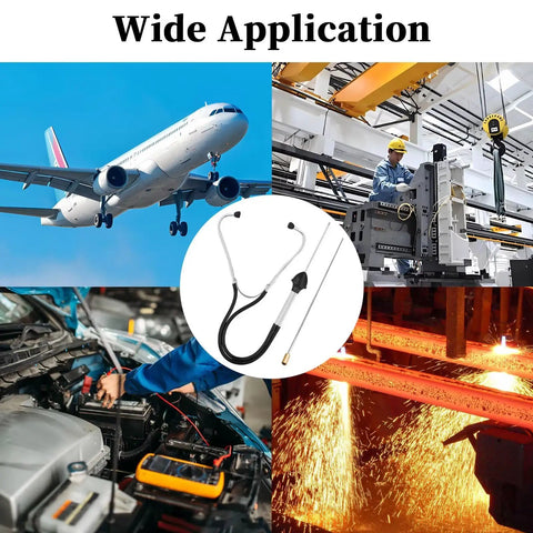 Collage showing Pro Grade Car Mechanic Stethoscope For Engine Diagnostics with various applications in aviation, manufacturing, and automotive.
