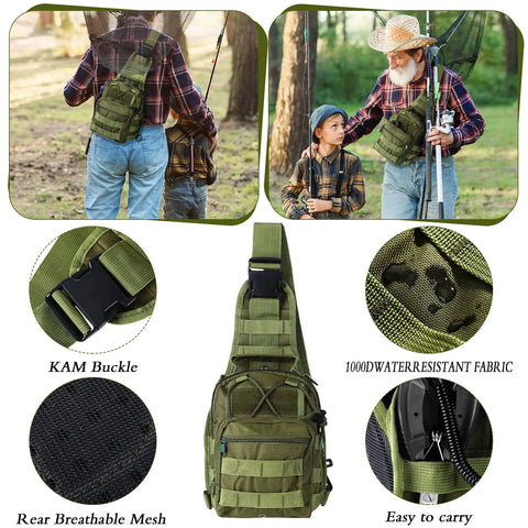 All In One Fishing Backpack Kit With Pliers Hook Remover Weighing Scale Fish Gripper Separator Lanyard Built Tough Army Green