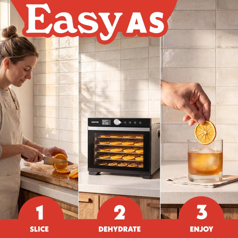 Slick Digital Food Dehydrator With Six Heavy Duty Trays, Smooth 360 Airflow Tech, One Touch Time Presets, Quick Dry Setup For Homemade Jerky Fruits And Herbs, Total Snacking Upgrade showcasing sliced oranges in use.