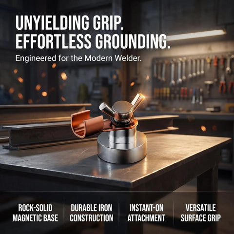 Heavy Duty 6pc Magnetic Welding Ground Clamps With Strong Copper Tail Connectors For Tough Jobs And Cutting Projects The Ultimate Upgrade Toolkits You Need Right Now, featuring a strong magnetic grip on a steel table.