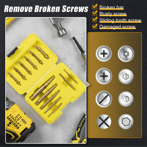 Premium 13 Piece Screw Extractor Set For Damaged Stripped Screws With HSS 6542 Titanium Gold Coated Bits in yellow case.