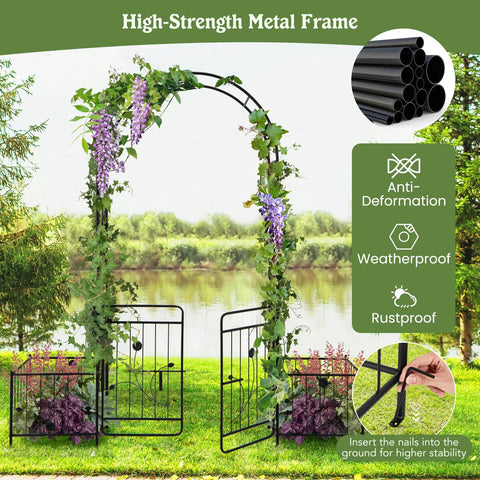 3 In 1 Garden Arch with Lockable Gate and Side Planters, 86 Inch Metal Arbor Trellis for Climbing Plants shown in garden setting.