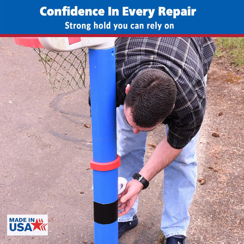 Person applying Black Butyl Waterproof Repair Tape For Roof Patches And Leaks, Heavy Duty Weatherproof Sealant Tape to a blue post
