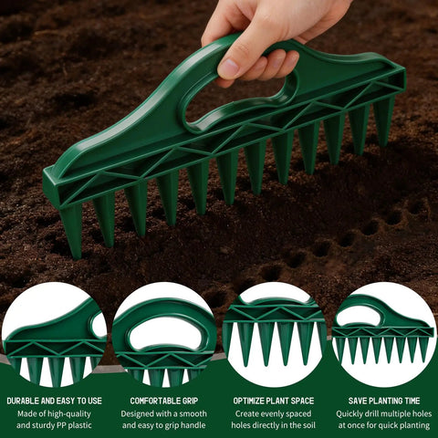 Seven Piece Seed Dispenser Set With 12 Hole Seeder Upgraded Mini Seed Spreader for planting in garden soil, durable plastic tool.