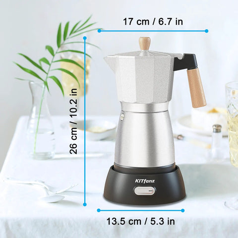 Electric Espresso Maker For Home Use No Stove Top Fuss Italian Moka Pot Style Cuban Coffee Maker Portable Electric Cafeteras With Detachable Base 3 Or 6 Cup Silver on a dining table