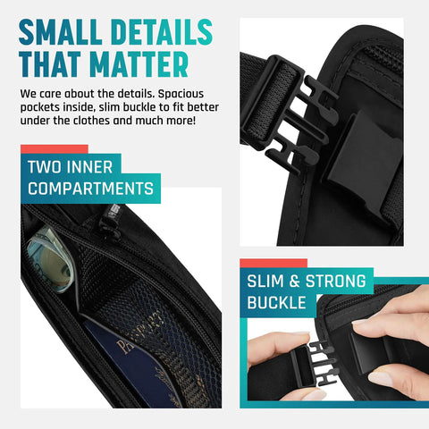 Travel Money Belt Hidden Under Clothes Must Have RFID Blocking Passport Holder And Slim Waist Wallet Pouch with compartments and buckle.