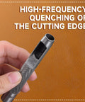 Close-up of a carbon steel hollow punch tool with text 'High-Frequency Quenching' from Heavy Duty Leather Hole Punch Set 1-10mm.