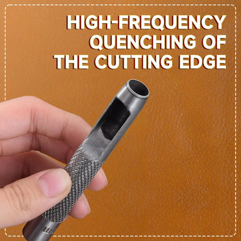 Close-up of a carbon steel hollow punch tool with text 'High-Frequency Quenching' from Heavy Duty Leather Hole Punch Set 1-10mm.