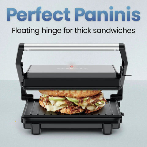 Chefman Indoor Grill Panini Press With Stainless Steel Finish And Nonstick Plates. Opens Flat At 180 Degrees for thick sandwiches.