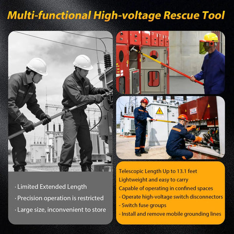 Two workers using a 13.1Ft Telescopic Hot Stick Is Tough As Nails With 35KV Insulated Rescue Hook and Pole for live wire jobs.