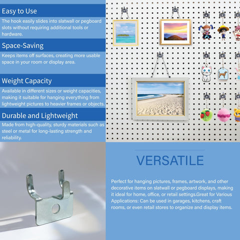 Pegboard Notch Hook 25 Pack Must Have Picture Hanger For Slatwall And Peg Wall Chrome Zinc Finish displayed on pegboard