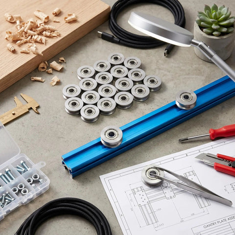 V Groove Bearing Pulleys 3x12x4mm For Rail Track Linear Motion System, small fixed pulleys on workbench with tools