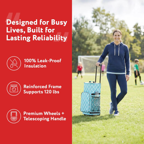 Person with Ultra Compact Smart Cart Cooler With Extended Insulation Collapsible Rolling Tailgate Tote in Moroccan Tile style.