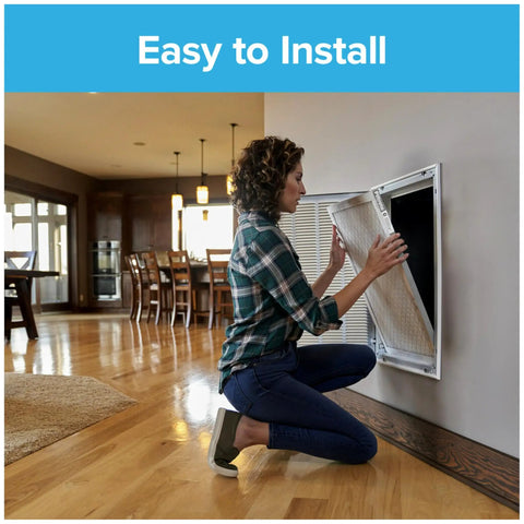 Woman installing 16x20x1 Air Filter MPR 1200D MERV 11 Allergen Reduction Plus Dust in wall vent, showcasing easy installation