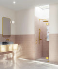 Frameless Shower Door Hinge With Enduroshield Glass Coating In Polished Brass For A 78 Inch Wide Shower Enclosure, 34.75 Inch High Glass Door Hardware, Built To Last With A Smooth Boss-Level Operation. Glass shower door hinge in polished brass on frameless enclosure.