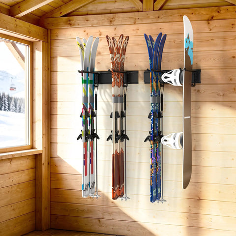 Sick Wall Mounted Ski Storage Rack That Handles 8 Pairs And Keeps Your Garage Clean With Dedicated Space For Snowboards Ski Poles And Helmets.