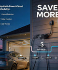 Level Two Ev Portable Charger For Tesla And Nacs Rides Offering Straight Plug Setup With 32 Amp 240V Power Via Nema 14 50 Outlet And 25 Foot Cord Adjustable Ampage with LCD monitor and smart scheduling features.