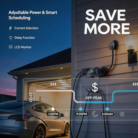 Level Two Ev Portable Charger For Tesla And Nacs Rides Offering Straight Plug Setup With 32 Amp 240V Power Via Nema 14 50 Outlet And 25 Foot Cord Adjustable Ampage with LCD monitor and smart scheduling features.