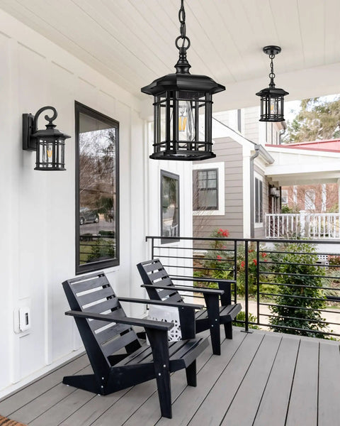 Outdoor Pendant Lights For Porch Black Exterior Hanging Lanterns Waterproof Aluminum Farmhouse Ceiling Light Fixture With Tempered Seed Glass Chandelier For Gazebo