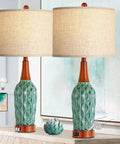 Vintage Ceramic Table Lamps Set Of 2 For Your Living Room And Bedroom Teal MCM Style Nightstand Lamps With USB Port 3 Way Dimmable Oatmeal Linen Shade Bulb Included